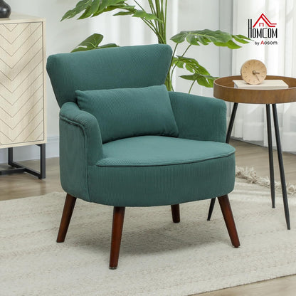 HOMCOM Armrest Lounge Chair Armrests, Upholstered Chair with Cushion, Corduro Armrest Chair Wooden Legs Reading Chair for Living Room, Bedroom, Dark Green - QUORE