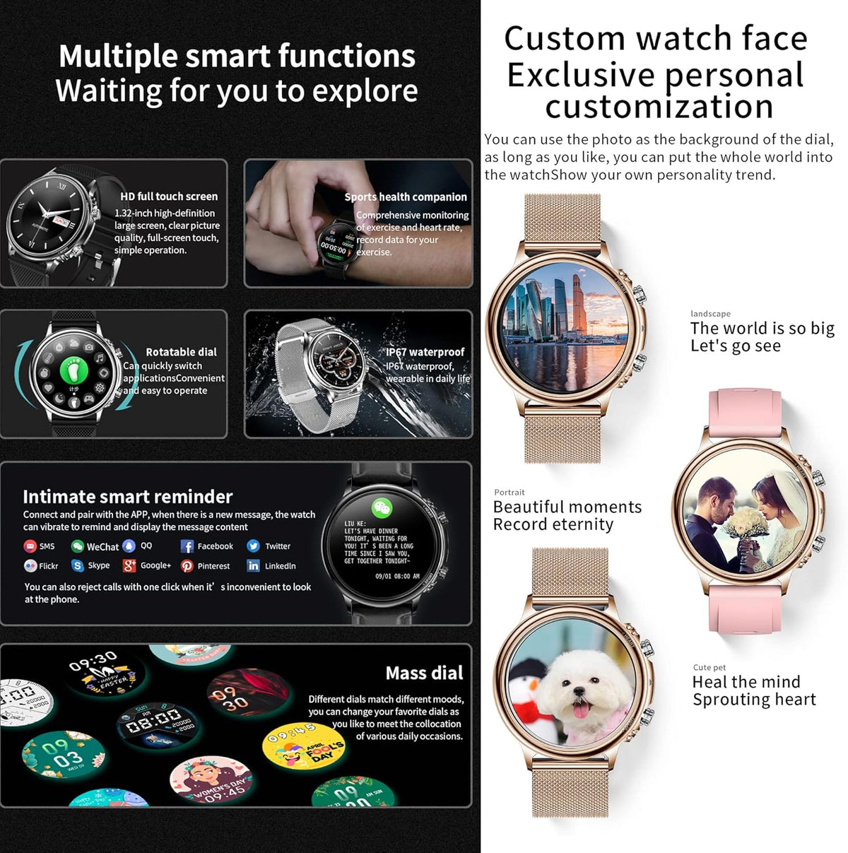 Smartwatch Dames met Bellen/Kiezen via Bluetooth, Smart Watch voor Dames, Slaapmonitor Menstruatie volgen, Calorie Stappenteller Stopwatch Smart Activity-Armband voor Android iOS (Goud)