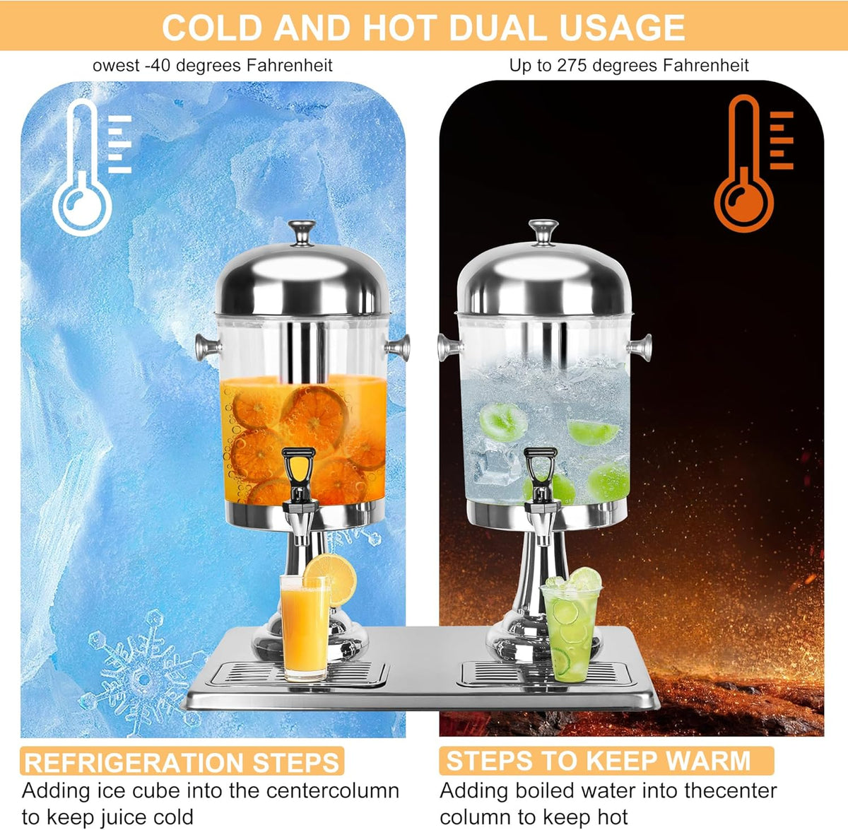 Drankdispenser, 4,4 gallon drankdispenser voor feestjes met ijskern en druppelkommen, roestvrij staal, dual catering, koude drankdispenser met standaard voor feestjes, bruiloft, hotelbuffet, banket