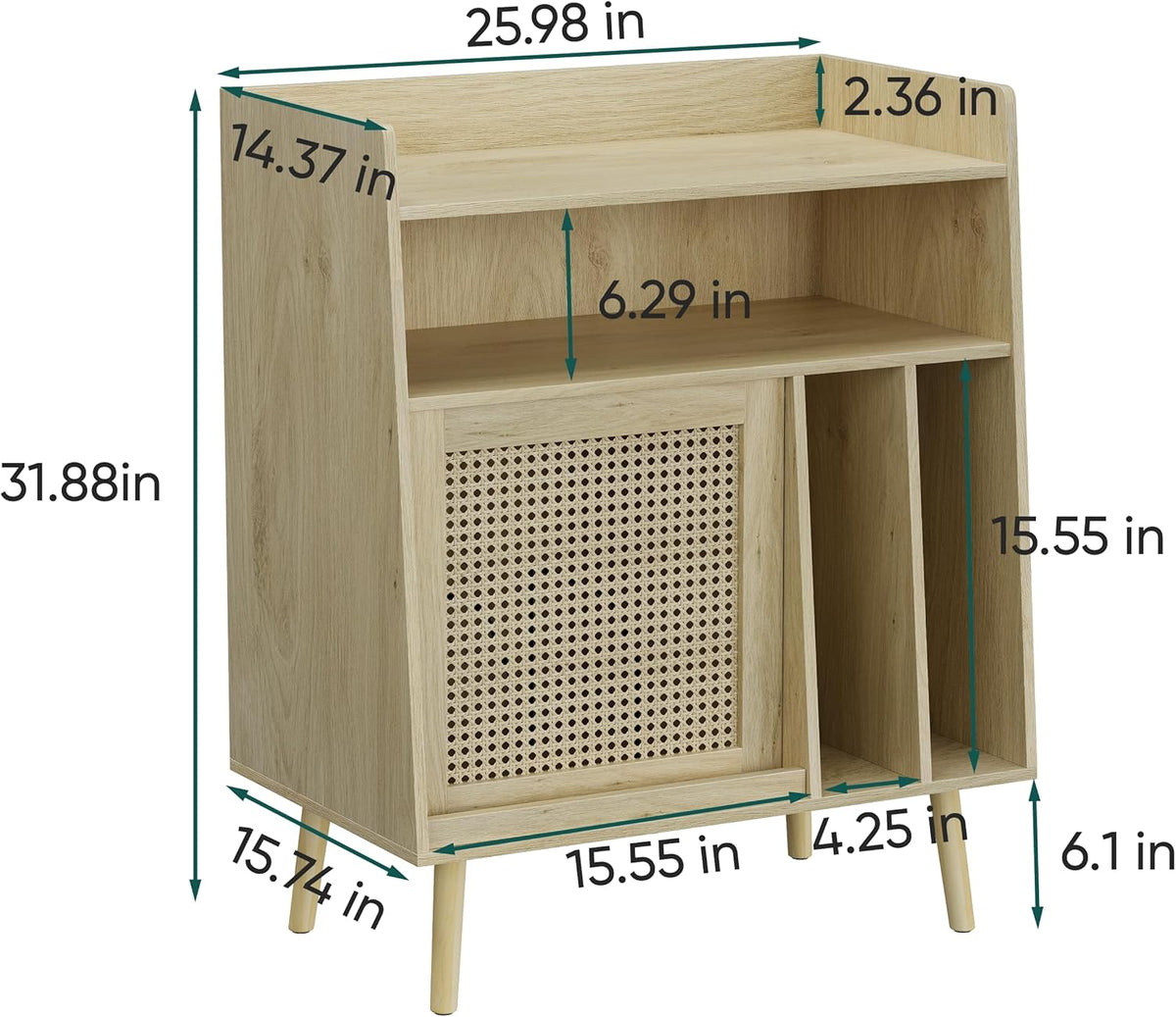 Draaitafel Tafel Groot – Platenspeler Meubel – Platenkast – Vinyl Opbergkast – Platenrek – Rotan Kastdeuren Met Verborgen Vinyl Opbergruimte – Massief Houten Poten