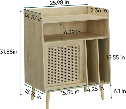 Draaitafel Tafel Groot – Platenspeler Meubel – Platenkast – Vinyl Opbergkast – Platenrek – Rotan Kastdeuren Met Verborgen Vinyl Opbergruimte – Massief Houten Poten