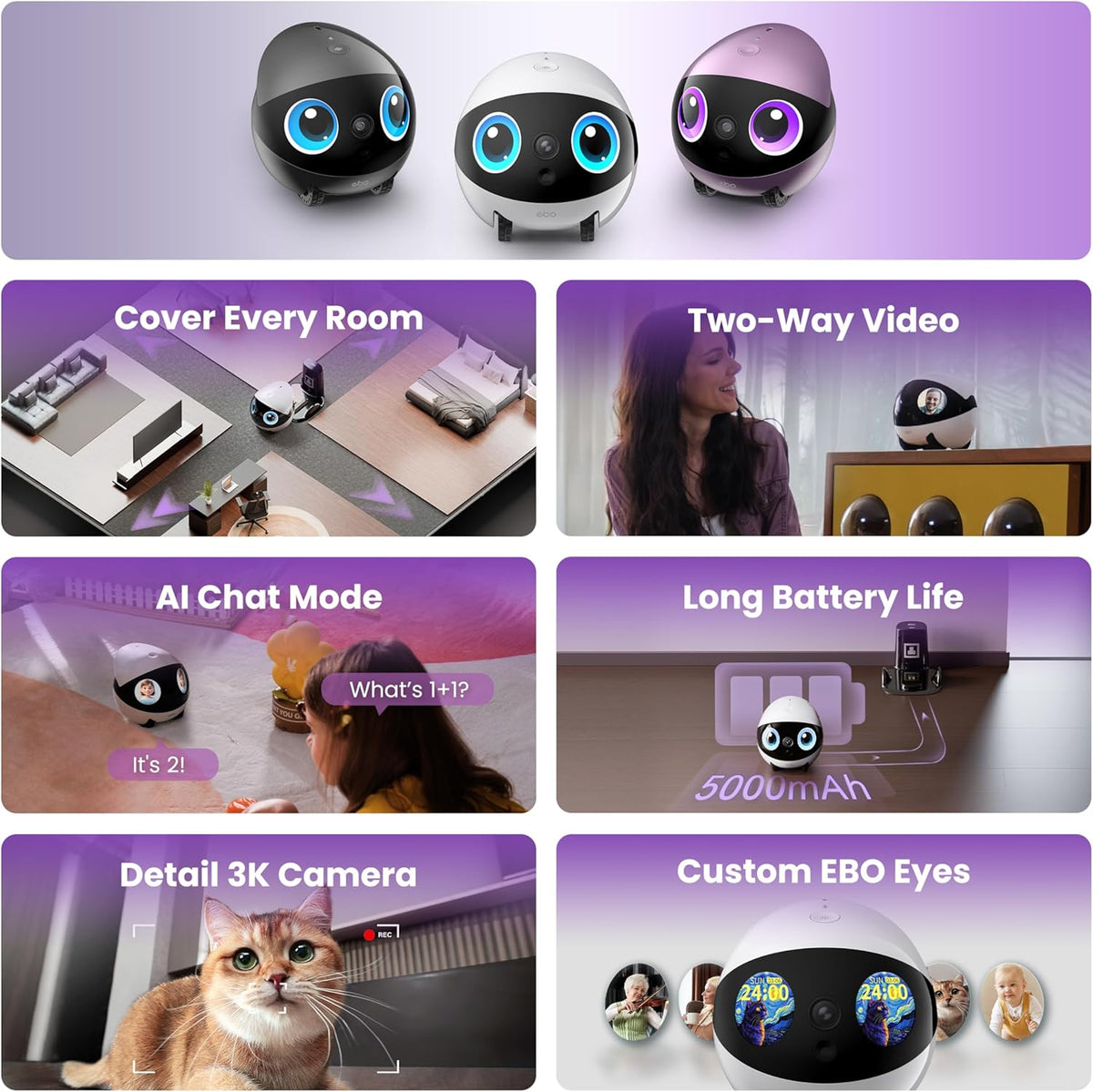 Enabot EBO Air 2 Plus, AI intelligente mobiele robot voor thuisbewaking met aangepaste gezichtsafbeelding, 3K bewakingscamera met accu, huisdiercamera met 2-weg audio