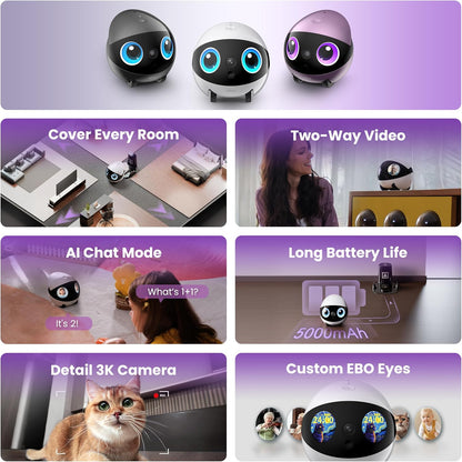 Enabot EBO Air 2 Plus, AI intelligente mobiele robot voor thuisbewaking met aangepaste gezichtsafbeelding, 3K bewakingscamera met accu, huisdiercamera met 2-weg audio