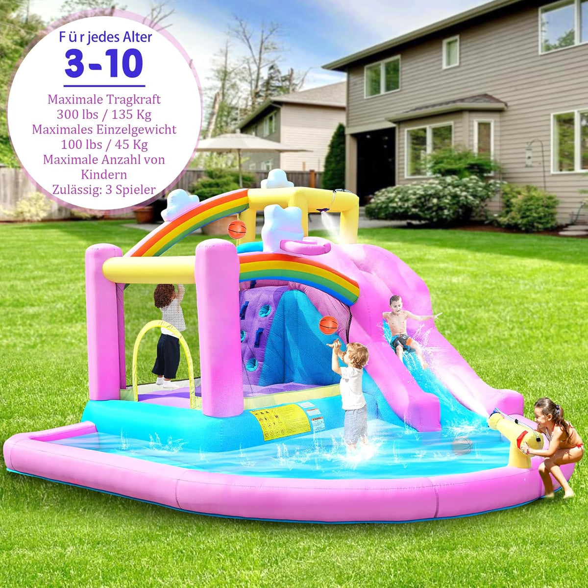 Opblaasbaar springkasteel met waterglijbaan, klimwand, basketbalkorf en kinderbadje, incl. ventilator, outdoor voor kinderen, ideaal voor tuin, 365 x 390 x 238 cm - QUORE