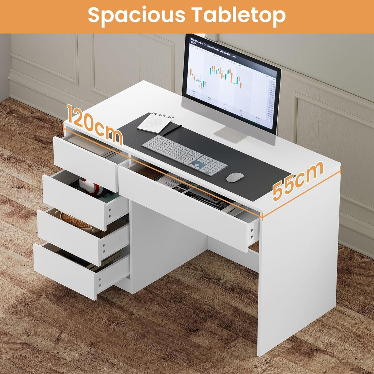 eSituro Makeup Table White with 5 Drawers Without Mirror, Desk, Computer Table with Storage Space, Vanity Dressing Table, Desk Table for Teenage Room and Bedroom, 120 x 55 cm - QUORE