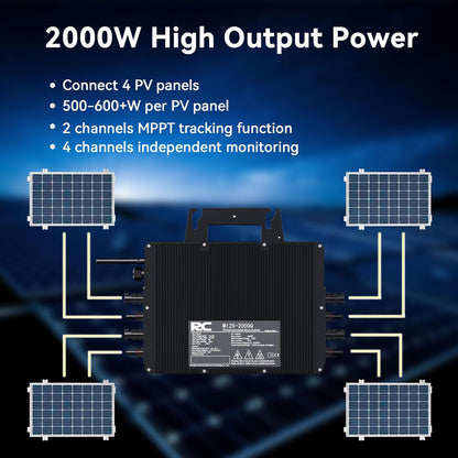 RC Micro-omvormer 2000W voor balkon-energiecentrale, 26-60V DC ingang per kanaal, 99,8% MPPT-omvormer, ondersteunt WiFi & Bluetooth, app voor externe monitoring, IP67, 0% BTW