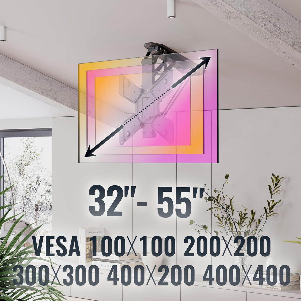 RICOO TV plafondhouder, elektrisch, inklapbaar, voor 23-55 inch, universele tv-beugel plafond SE0544, tv-houder, tv-lift, plafondhouder voor televisies tot 30 kg met max. VESA 400 x 400 mm