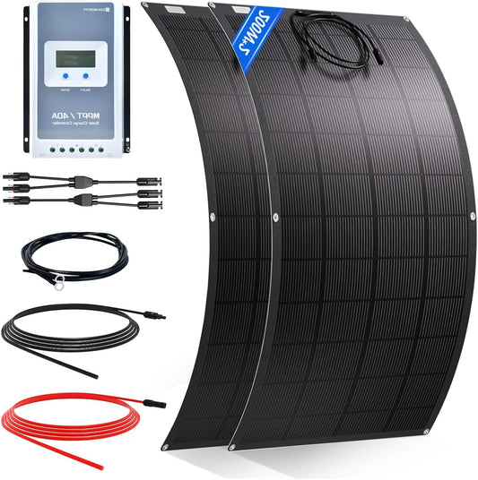 Flexibel Zonnepaneel – Zonnecelpaneel – Solar Paneel – Mobiel Zonnestroom Systeem – Caravan Zonne-energie Set – 400W Totaalvermogen – 25% Hoge Conversie Efficiëntie – 40A MPPT Laadregelaar Met Bluetooth