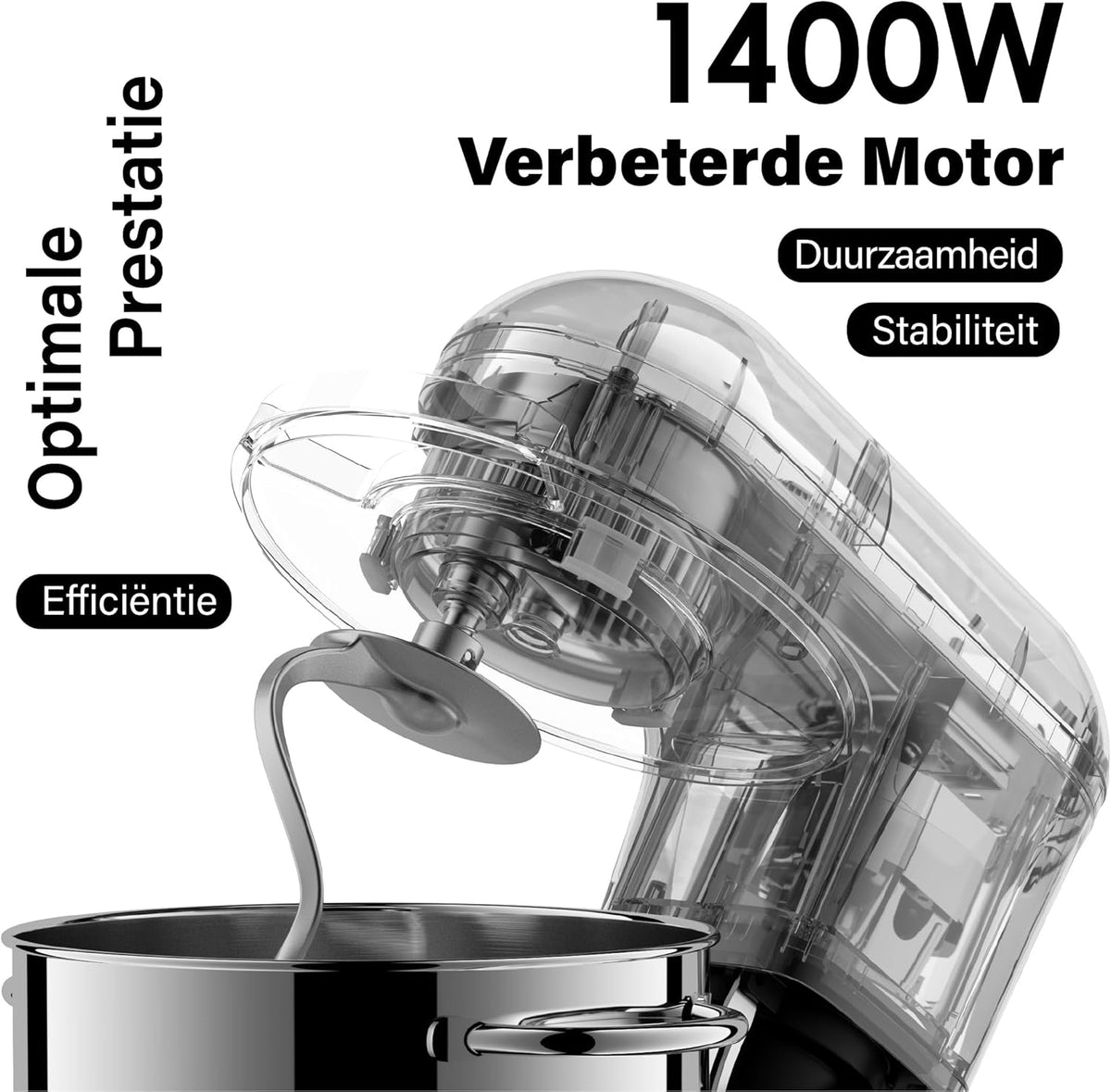 Kitchen in the box Keukenmachine, 7,5 L Staande Mixer 1400W – Deegmixer met Planetaire Mengtechniek, Menghaak, Deeghaak, Garde (Zwart)