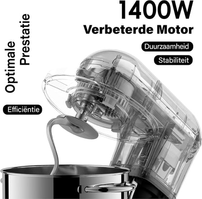 Kitchen in the box Keukenmachine, 7,5 L Staande Mixer 1400W – Deegmixer met Planetaire Mengtechniek, Menghaak, Deeghaak, Garde (Zwart)