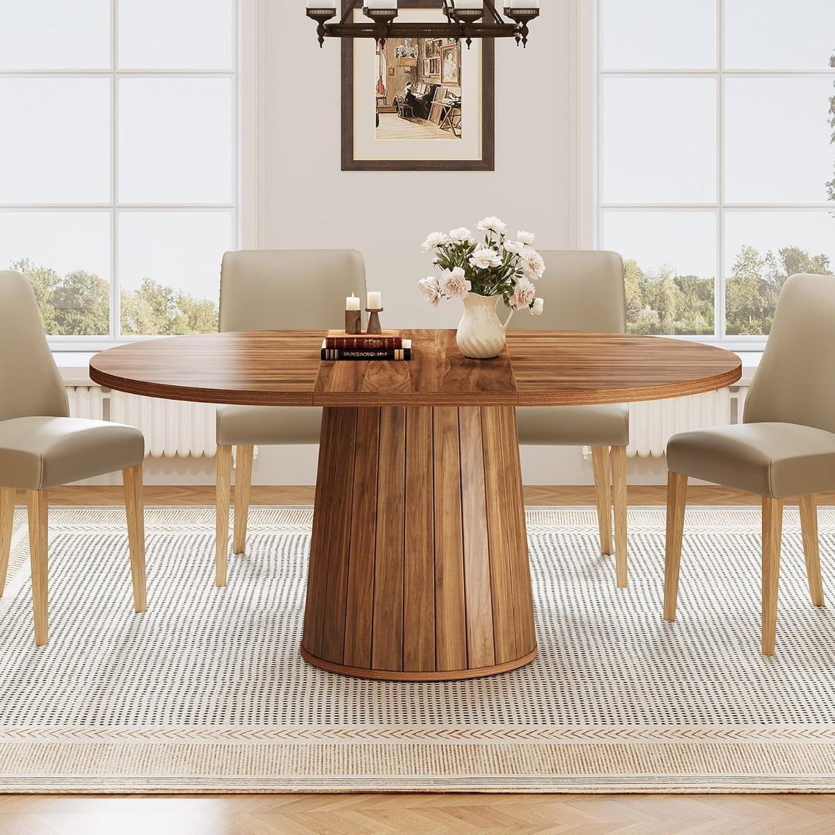 Tribesigns Oval Dining Table for 6 People, 140 cm Farmhouse Wood Dining Table, Rustic Kitchen Table with Wooden Table Top and Cylindrical Pedestal for Dining Room (Brown)