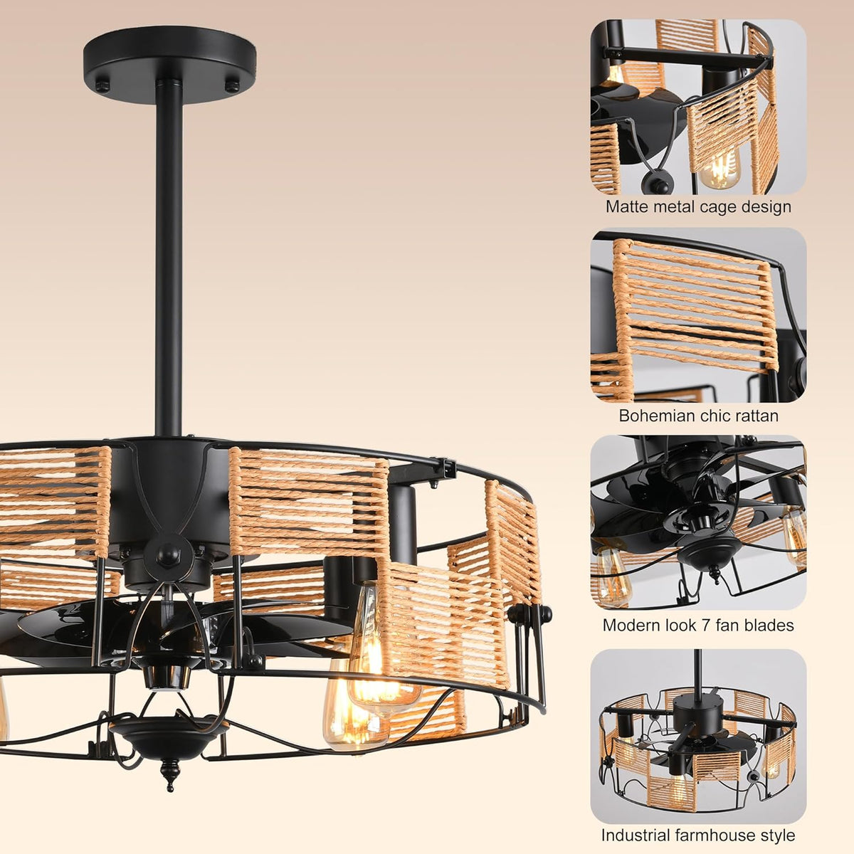 Ganeed Plafondventilatoren met Verlichting Industriële Stijl Boerderij 49cm Kroonluchters Boho Rotan Kooilamp Hangende Hanger E27 met Afstandsbediening Zwart 4 Lichten