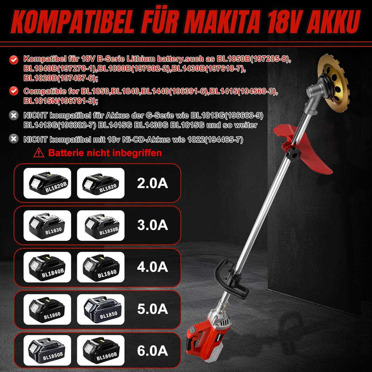 Betonschuurmachine voor Makita 18 V accu, lange handgreep, 700 W, betonfrees met beschermkap, 180 mm, diamantslijpkop voor betonfrees, saneringsfrees, muurfrees, poetsfrees