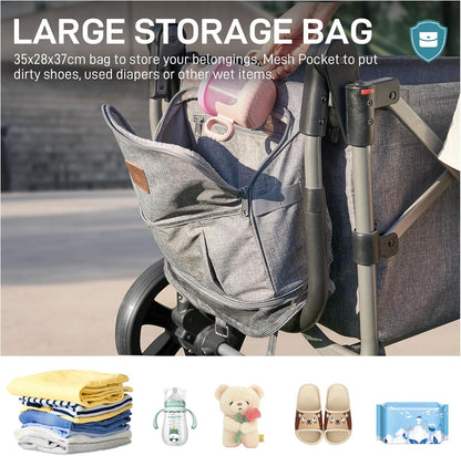 EVER ADVANCED Wagon voor kinderen om in te zitten, kinderwagenwagen voor 2 kinderen met afneembare luifel, trek mee met stoelen 5-punts harnassen, draagbare push-pull kar met verstelbare handgreep