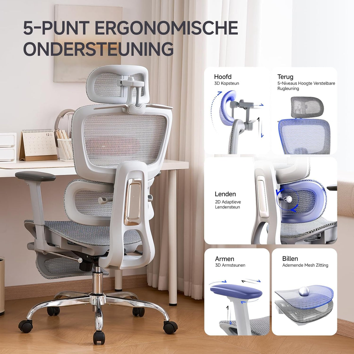 Ergonomische Bureaustoel met Voetensteun - 5-Zones Verstelbare Rugleuning, 2D Lendensteun, 3D Arm-/Hoofdsteun, 145° Kantelfunctie + Ademend Net voor Kantoor/Thuiswerk/Studie, Grijs