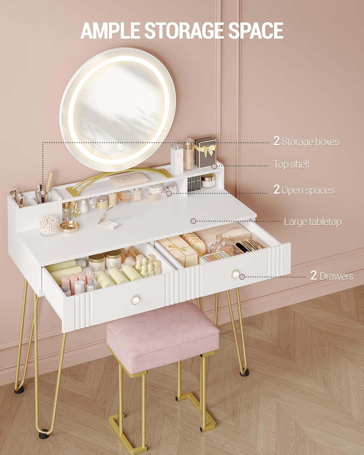 Hzuaneri Dressing Table with Stool and Lighting,Dressing Table with Mirror,40×90×140CM,Dressing Table with Drawers,Pink Upholstered Stool,Bedroom,Modern,Matte White and Gold,DT42403XEU