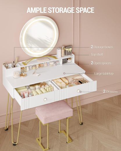 Hzuaneri Dressing Table with Stool and Lighting,Dressing Table with Mirror,40×90×140CM,Dressing Table with Drawers,Pink Upholstered Stool,Bedroom,Modern,Matte White and Gold,DT42403XEU