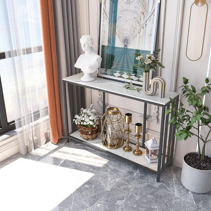 FATIVO 2-laags consoletafel gangunit: marmeren blad consoles bureau 120x30x78cm lang hoogglans gesinterde steen marmer zwart frame frame smalle hoge moderne bank opslag bijzettafels woonkamer