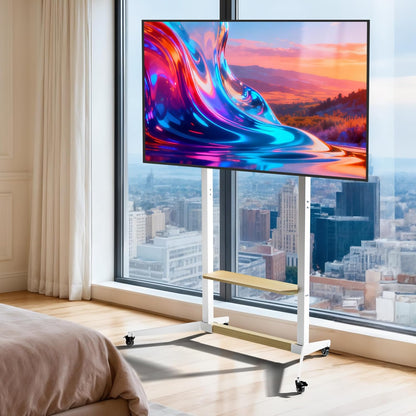 unho Mobiele tv-standaard met wielen voor tv's van 40-100 inch, witte tv-trolley, rollende tv-standaard met planken, verstelbare hoogte, heavy-duty MDF en stalen constructie, maximale belasting 100 kg