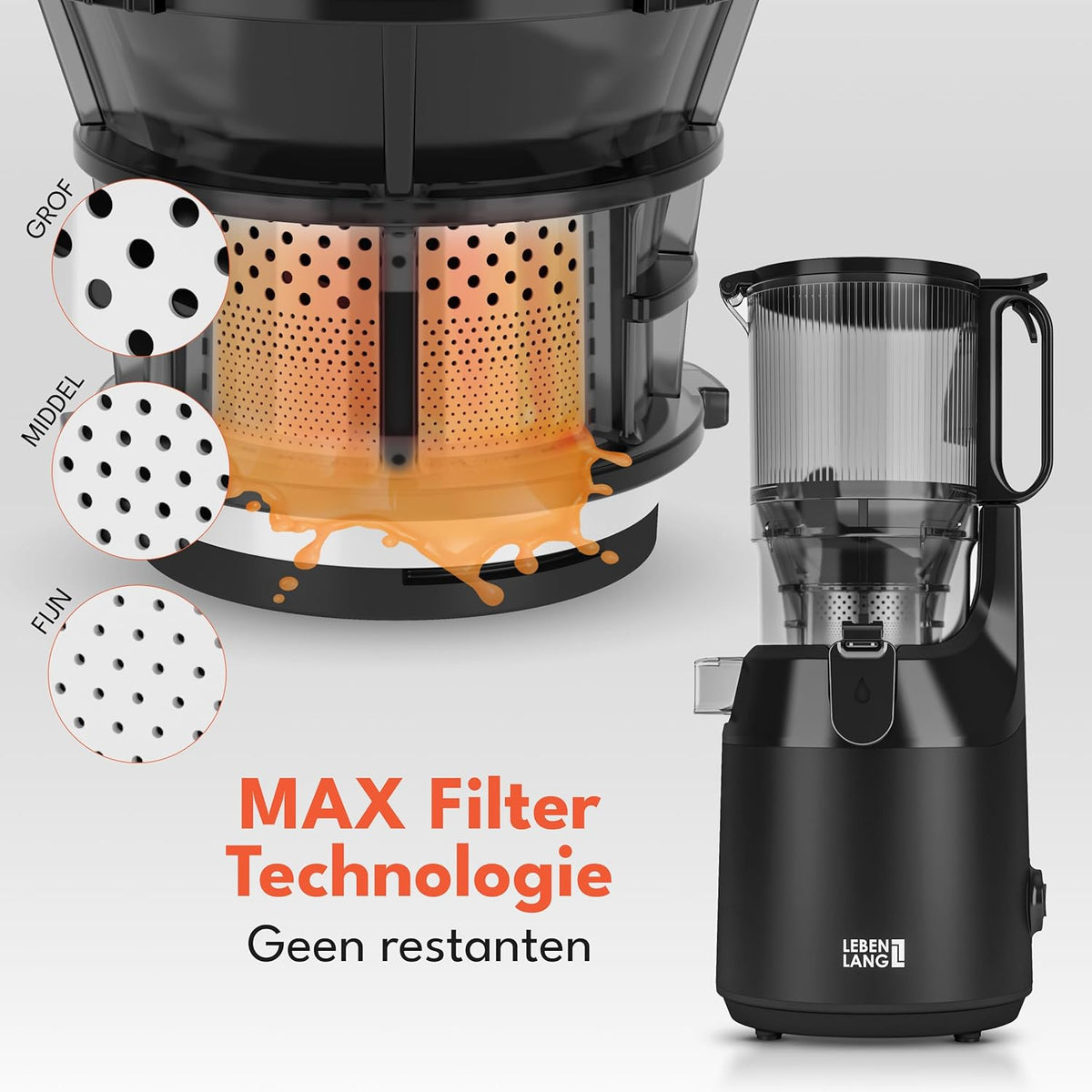 LEBENLANG Slow Juicer machine - Incl. receptenboekje & grote opening van 130 mm I Perfect voor hele vruchten sap & groene sapjes 100% BPA-vrij I Cold press Stille slowjuicer Masticating Sapcentrifuge