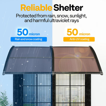 VIVOHOME Luifel voor voordeurraam luifel 200×100cm Polycarbonaat gesplitste dakbedekking Bruine lessenaarsdakluifel met zwarte beugel voor zonwering en regenbescherming