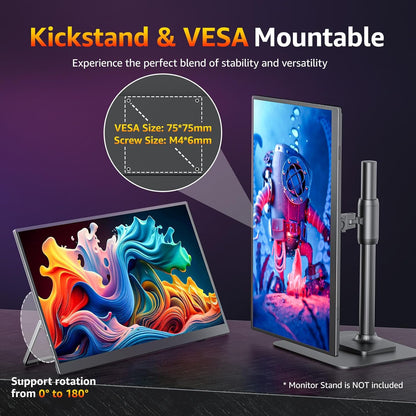 Draagbare Monitor – Reismonitor – Laptop Monitor – Extern Scherm – Gaming Monitor – 18,5 Inch Full HD – 100 Hz Verversingssnelheid – 120% sRGB Kleurnauwkeurigheid