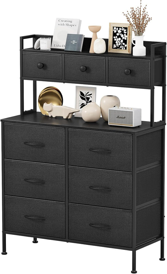 Commode, Opbergkast, Commode met Laden, Ladekast met Handvatten, Commode Kast met Houten Blad en 9 Lades, Kleerkast voor Slaapkamer, Zwart