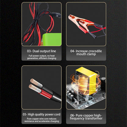 Slimme Batterijlader – Acculader – Oplader – Accubehouder – Batterijstarter – Roestvrijstalen Behuizing – Automatische LED-Display Veiligheidssysteem