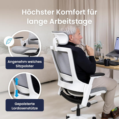 Ergonomische Bureaustoel – Bureaustoel Kantoor – Bureaustoel Met Wieltjes – Draaibare Bureaustoel – Orthopedische Bureaustoel – Synchroonmechanisme Voor Natuurlijke Houding – Verstelbare Lendensteun en Hoofdsteun
