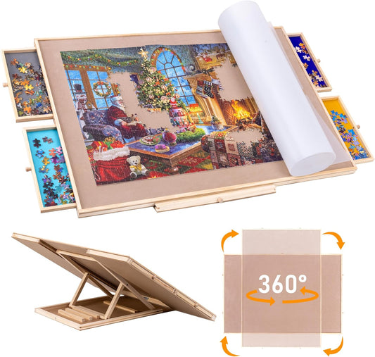 36" X 25" roterende en verstelbare puzzelbord ezel, houten legpuzzel tafel met 4 sorteerladen gekantelde hoeken antislip suède oppervlak voor maximaal 1500 stukjes puzzels met PP-hoes
