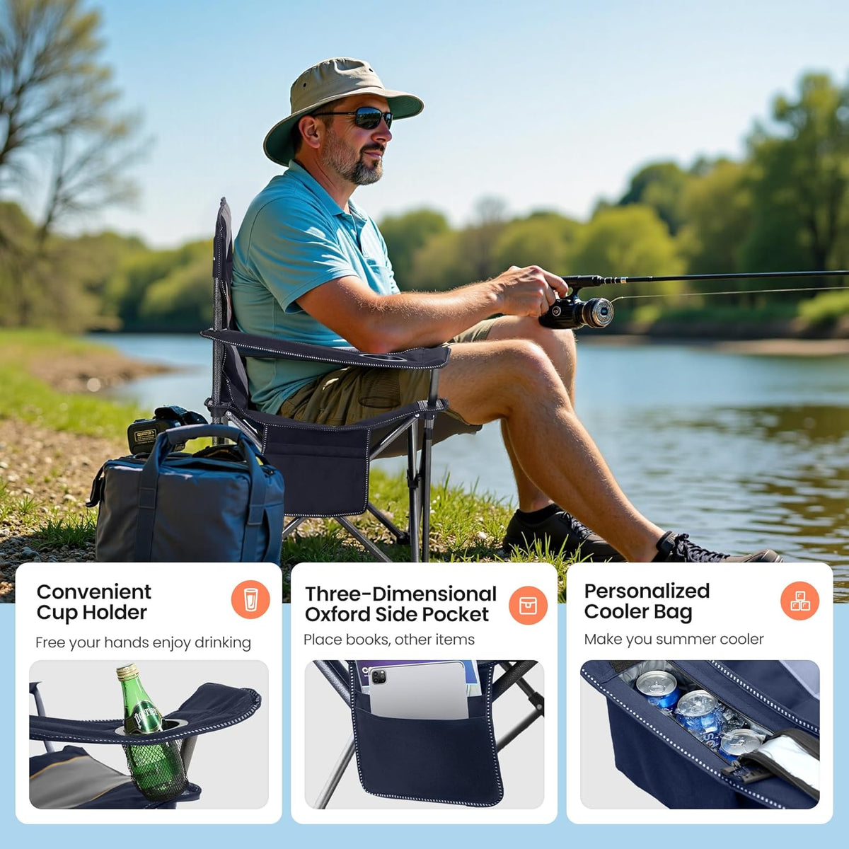 HIGH POINT SPORTS Oversized draagbare campingklapstoel, opvouwbare buitenstoelondersteuning 400 pond, arm gazonstoel met bekerhouder en koeltas voor volwassene, blauw