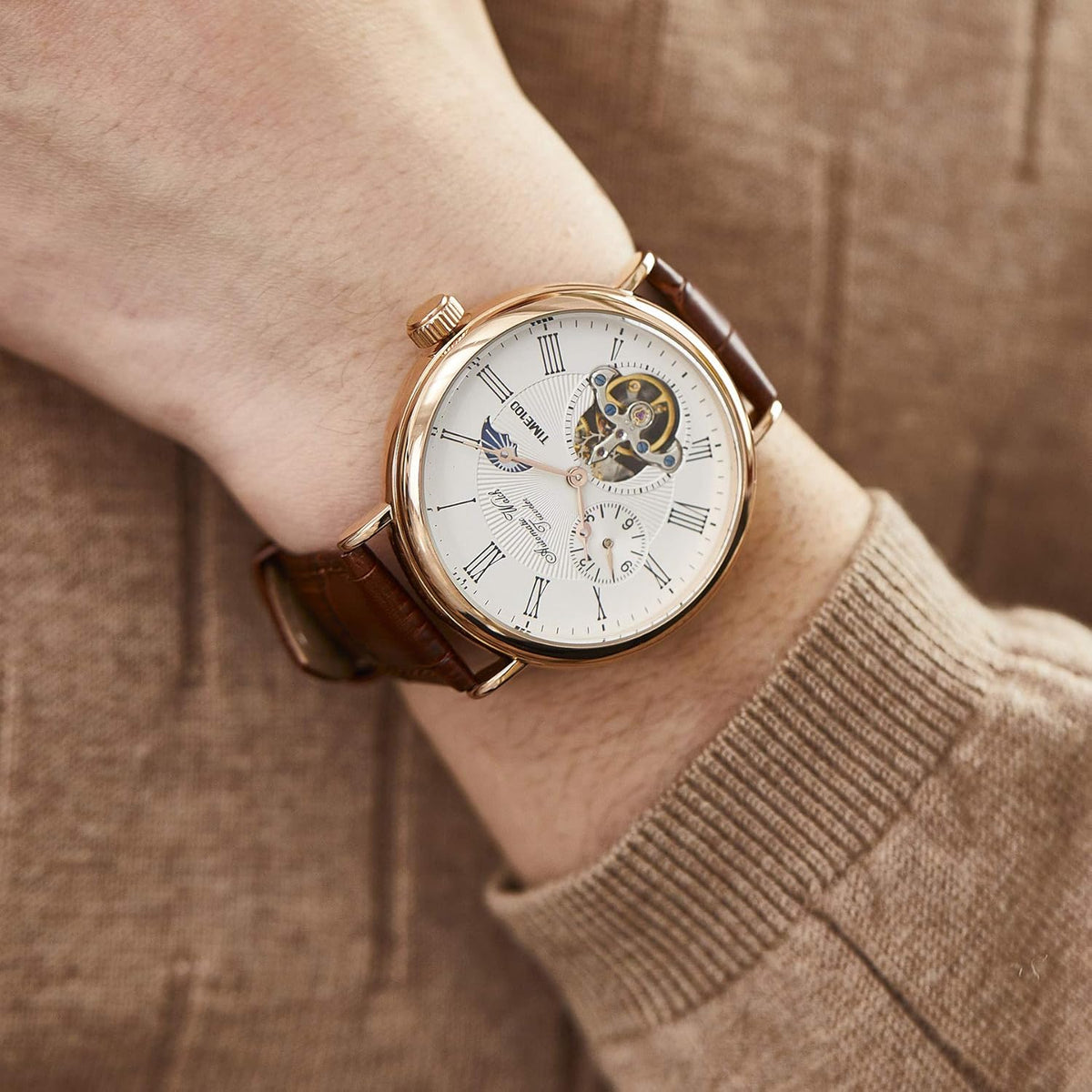 TIME100 Heren automatisch horloge Navigator-serie Tourbillon-stijl dubbele tijdzone zakelijke kalender mechanisch horloge lederen band