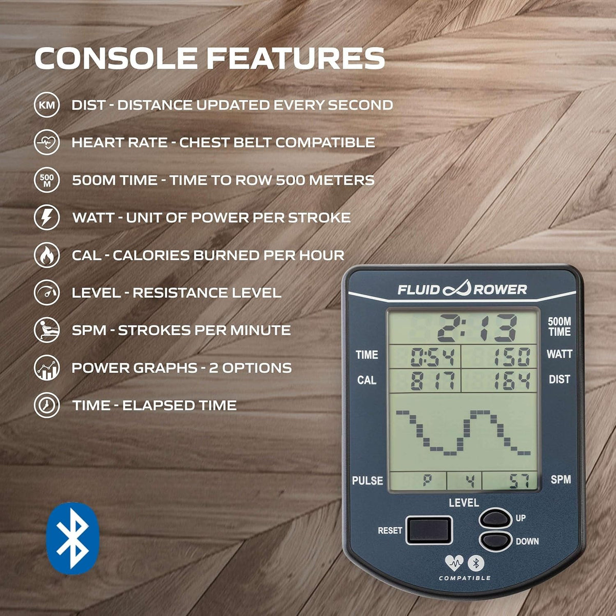 Fluid Rower Apollo XL - Rowing machine with 10 resistors - Heart rate monitor - Water resistance - Rowing machine for home - Color: Beech - QUORE