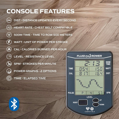Fluid Rower Apollo XL - Rowing machine with 10 resistors - Heart rate monitor - Water resistance - Rowing machine for home - Color: Beech - QUORE
