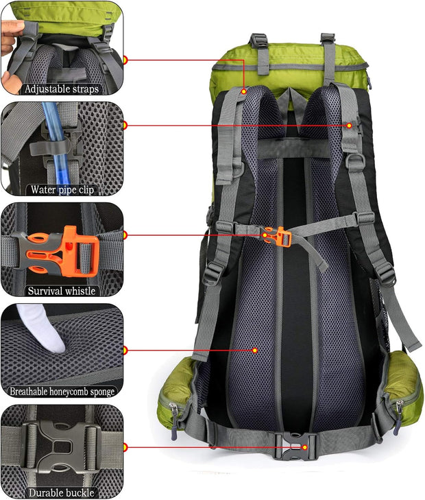 Wandelrugzak - Kampeertas - Trekking rugzak - Camping Essentials Tas - met Regenhoes - 70L - Lichtgewicht - Waterdichte - Nylon - Groente
