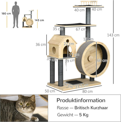 PawHut cat tree with running wheel, 4 storey scratching tree, cat house with sisal posts, cat cave, solid wood, 80 x 40 x 148 cm - QUORE