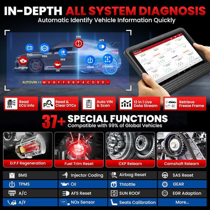 Diagnosetestapparaat – OBD2 Scanner – Auto Diagnose Tool – Foutcode Lezer – ECU Uitlezer – Bidirectionele Controle – 31+ Resetfuncties – 8 Inch Touchscreen