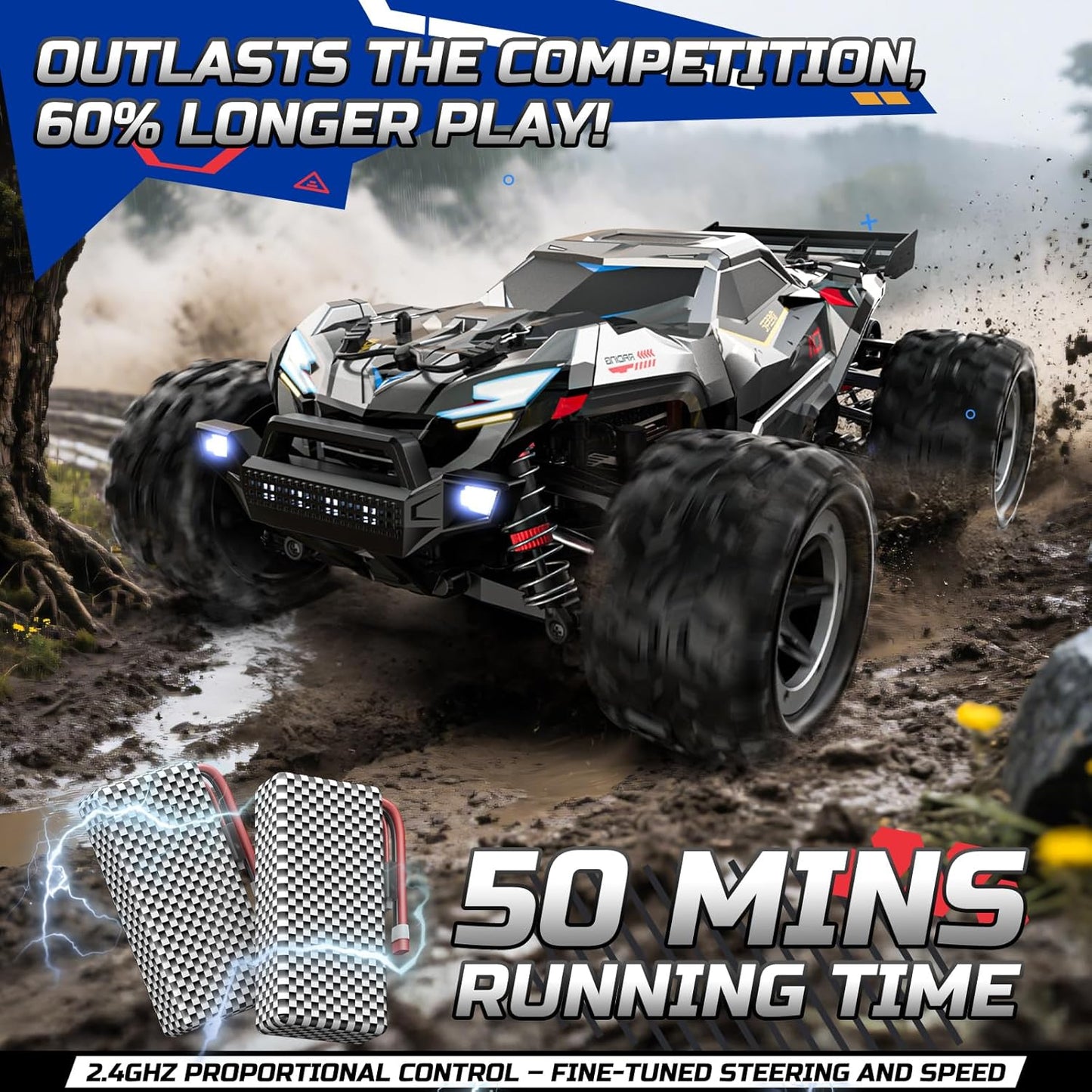 DEERC Snelle borstelloze RC-auto's voor jongens en volwassenen, 1:18 RC off-road vrachtwagen, 4 x 4 off-road race meca, 50 minuten, waterdichte op afstand bestuurde monstertruck, compatibel met