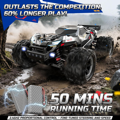 DEERC Snelle borstelloze RC-auto's voor jongens en volwassenen, 1:18 RC off-road vrachtwagen, 4 x 4 off-road race meca, 50 minuten, waterdichte op afstand bestuurde monstertruck, compatibel met