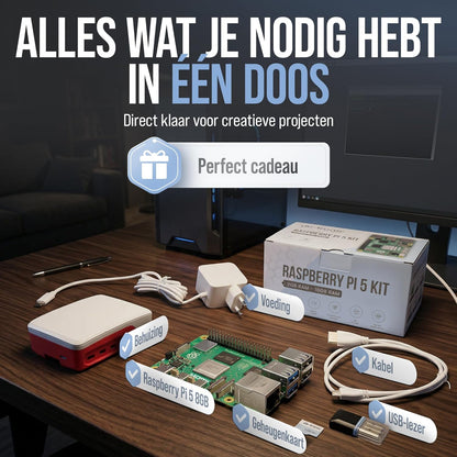 Raspberry Pi 5 8 GB Starter Kit | 128 GB Edition | Officiële USB-C 27W voeding | Officiële behuizing met ventilator | 4K Micro HDMI-kabel 1m | koellichaam