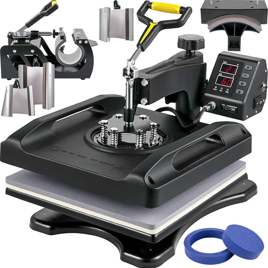 VEVOR 1200 W hittepers, 8-in-1 T-shirt-pers, 38 x 38 cm, zwart, transferpers, T-shirt voor het aanbrengen van letters, cijfers en patronen op doppen, T-shirts, bekers, borden, 51 x 40 x 47 cm