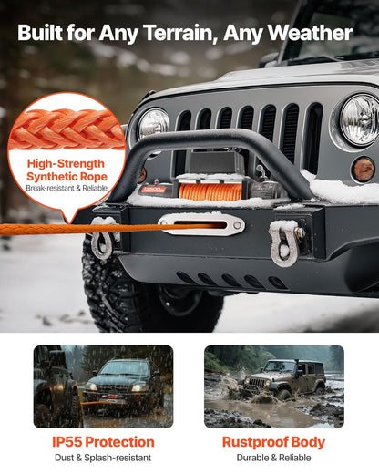 VEVOR 12 V cable winch, 6150 kg, motor winch, 12 V DC, electric winch diameter 1 x 2440 cm, synthetic cable, aluminium cable guide, wireless/wired remote control, IP55, for