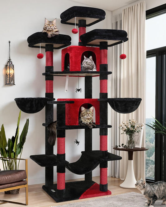 Globlazer cat tree gothic black red large,Scratching post xxl tall 204cm with 3 Seat Rod 2 cat house 2 Basket Hammock Plush cats toys,cat tower luxury for 3-5 large cats (F80, Gothic)