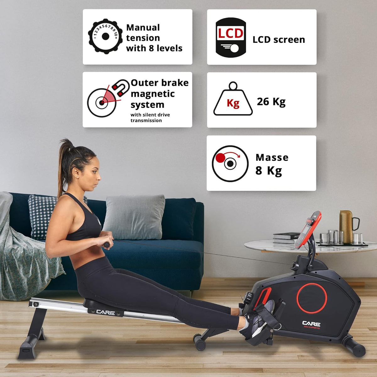 Care Fitness - Rowing machine - Mag Clipper - foldable - 8 resistance levels - magnetic resistance - flying mass 8 kg - LCD display (black without tablet holder) - QUORE