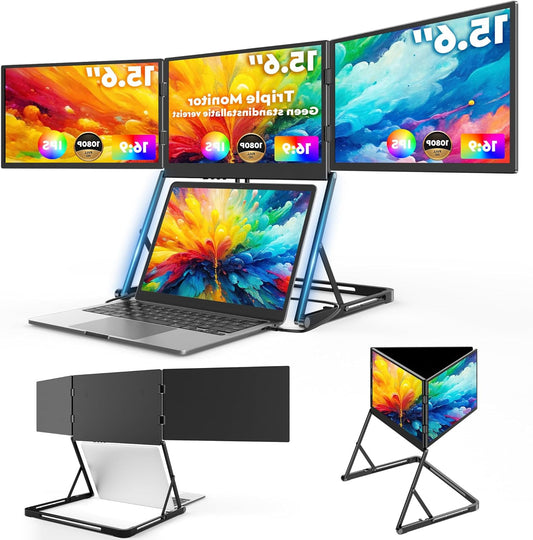 HONGO Portable Monitor 3 Screen, 15.6" Portable Monitor FHD IPS 100% sRGB, Triple Monitor Laptop Display Extender USB-C/HDMI with Adapter & Stand, 360° Foldable, Compatible with Mac/Windows/Linux - QUORE