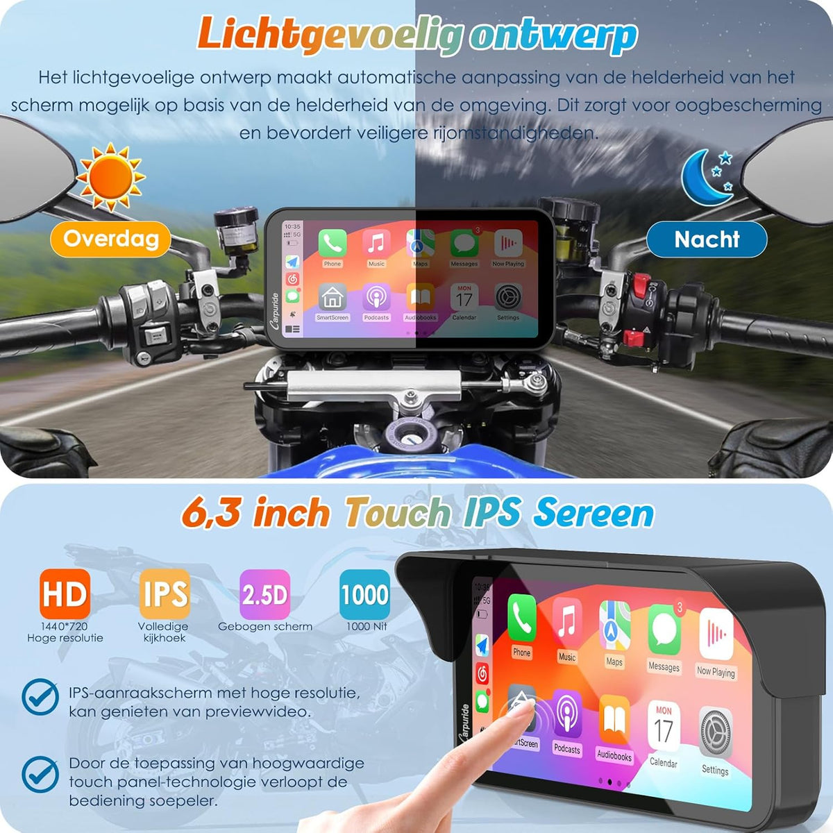 Motorfiets GPS – Motornavigatie – Navigatiesysteem – Moto GPS – Motorfiets Navigatie – 6,3 Inch HD Touchscreen – Draadloos CarPlay & Android Auto