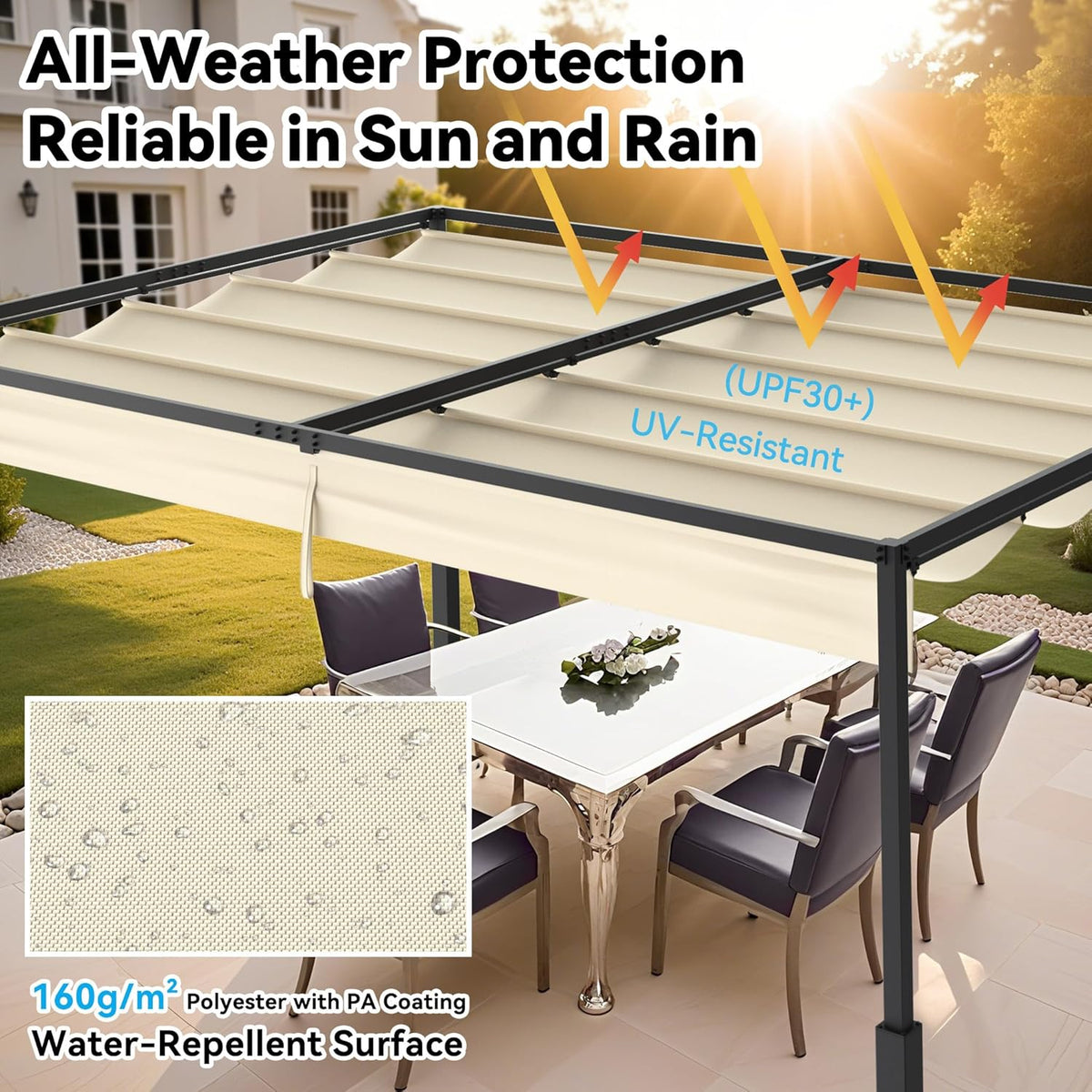 Outdoor Pergola, Stable Metal Frame, Garden Gazebo with Wind and Sun Protection, Sliding Roof, Freestanding Canopy, Retractable Canopy for Garden, Patio and Balcony, 3 x 4 m, Beige - QUORE