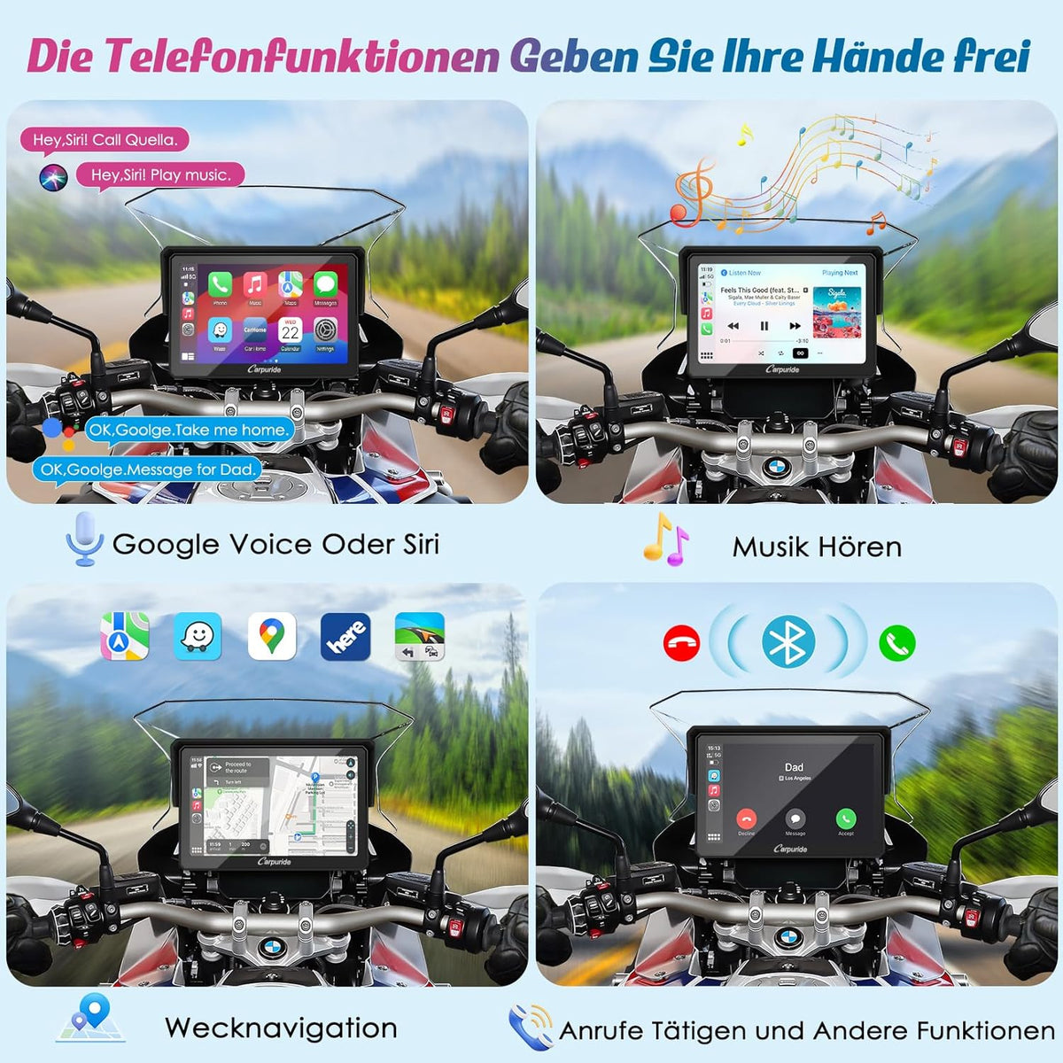 Carpuride w502b Motorfiets Carplay Scherm voor BMW R1200GS R1250GS S1000XR Motorfiets, 5 inch Waterdicht Touchscreen, Draagbare Carplay/Android Auto GPS Navigatie voor Motorfiets, Dual Bluetooth