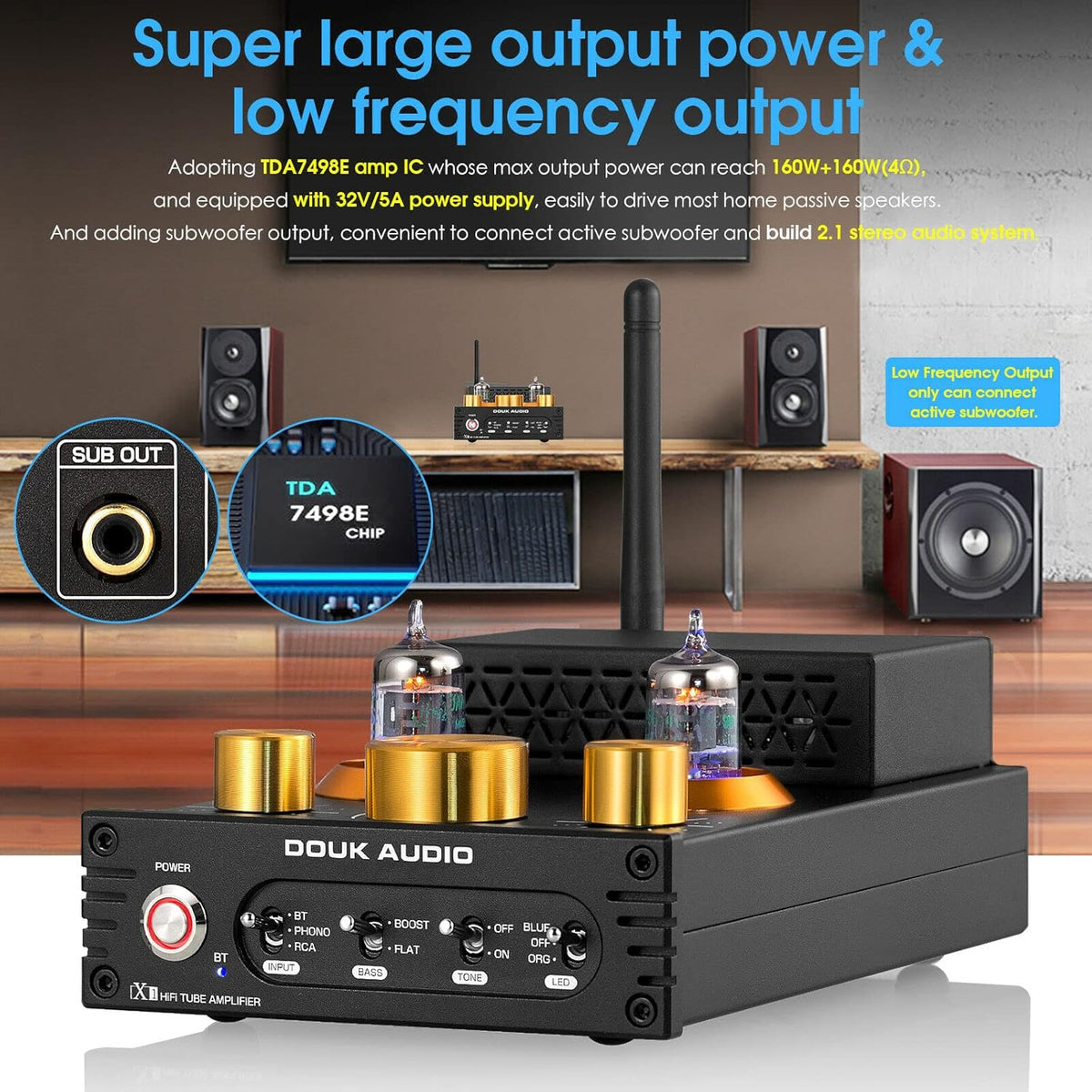 Douk Audio X1 buisversterker, HiFi Bluetooth 5.0 versterker, GE5654 klep stereo audioversterker, MM phonoversterker, 160Wx2 TDA7498E chip, treble & bas bedieningsknopf