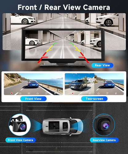 Podofo draagbaar draadloos carplay screen met 2K dashcam voor-en HD-achteruitrijcamera, 9,3-inch draadloos autospel Android Auto touchscreen-display met Bluetooth/GPS/Siri/FM/AUX/64G TF-kaart